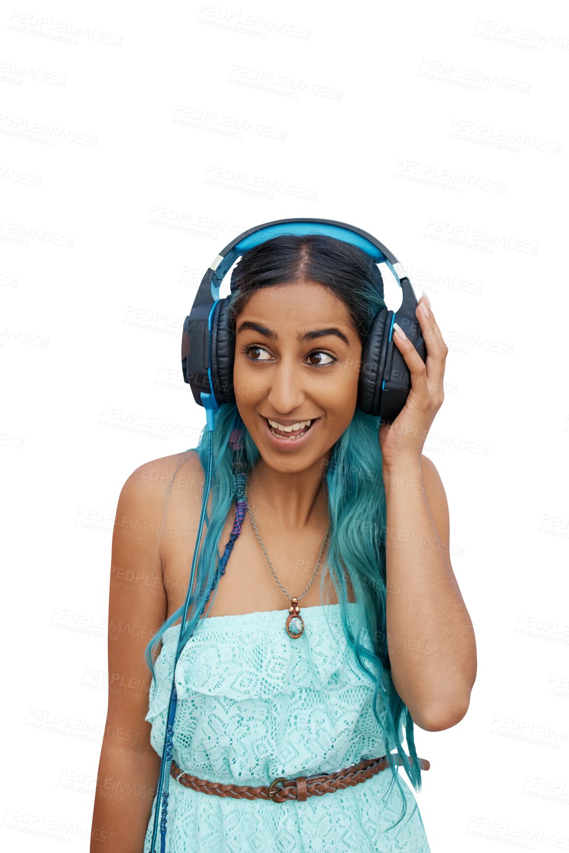 Buy stock photo Woman, face and listening to music with headphones for relax, happiness or sound with podcast or radio. Young girl, person and audio with smile for streaming isolated on a png transparent background