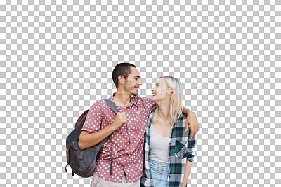 Buy stock photo Happy, love and young couple in conversation walking on romantic, valentines day or anniversary date. Smile, embracing and man and woman bonding together isolated by transparent png background.