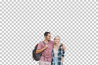 Buy stock photo Student man, woman and love portrait hug with smile for relationship, romance and affection for support. Couple, study and happy for commitment, bonding and isolated on a transparent png background