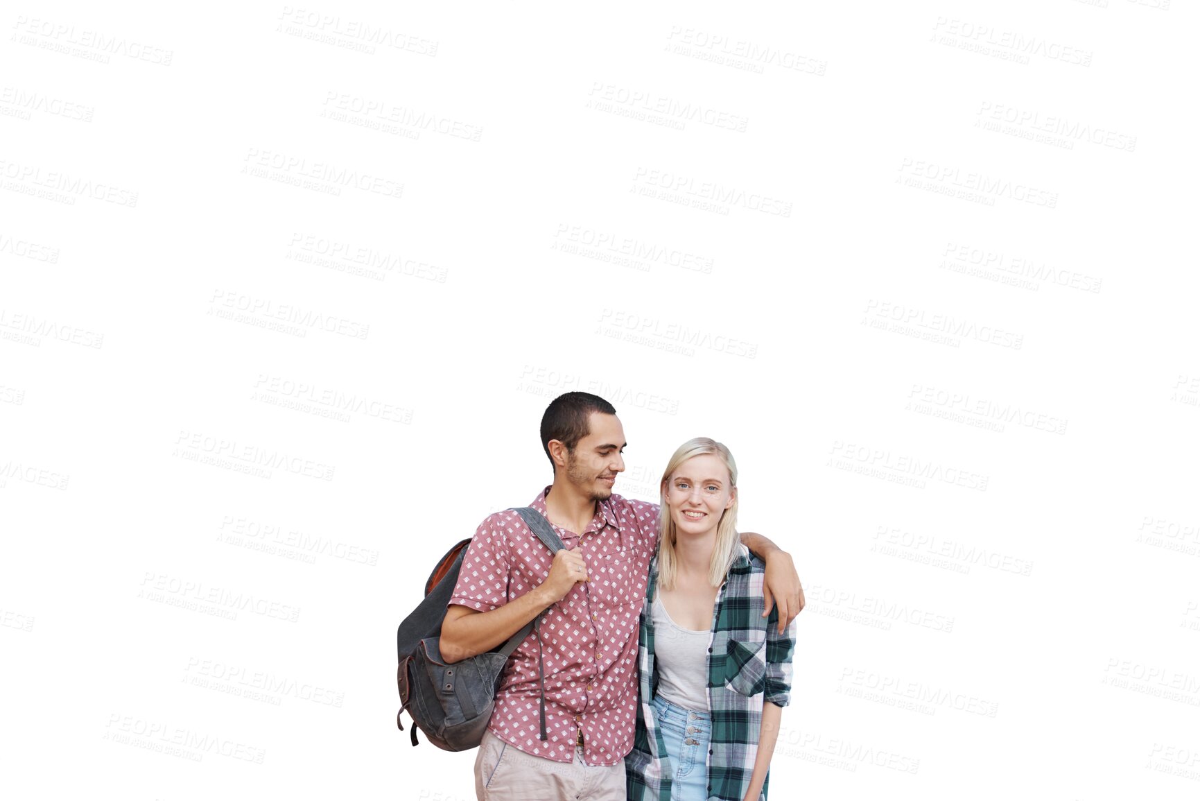 Buy stock photo Student man, woman and love portrait hug with smile for relationship, romance and affection for support. Couple, study and happy for commitment, bonding and isolated on a transparent png background