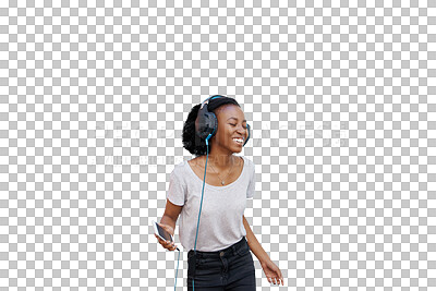 Buy stock photo Woman, phone and listening to music with headphones for relax, happiness or sound with podcast and radio. African girl, person and face with smile for streaming isolated on png transparent background
