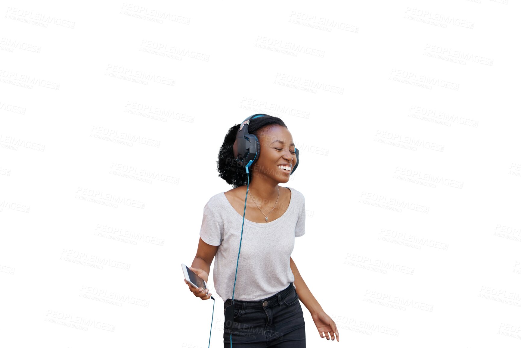 Buy stock photo Woman, phone and listening to music with headphones for relax, happiness or sound with podcast and radio. African girl, person and face with smile for streaming isolated on png transparent background