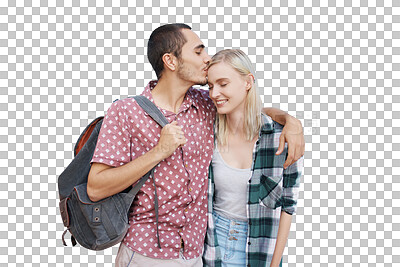 Buy stock photo Couple, love and kiss forehead with smile for relationship, romance and backpack for travel. Man, woman and happy for summer, holiday and isolated on a transparent png background for destination
