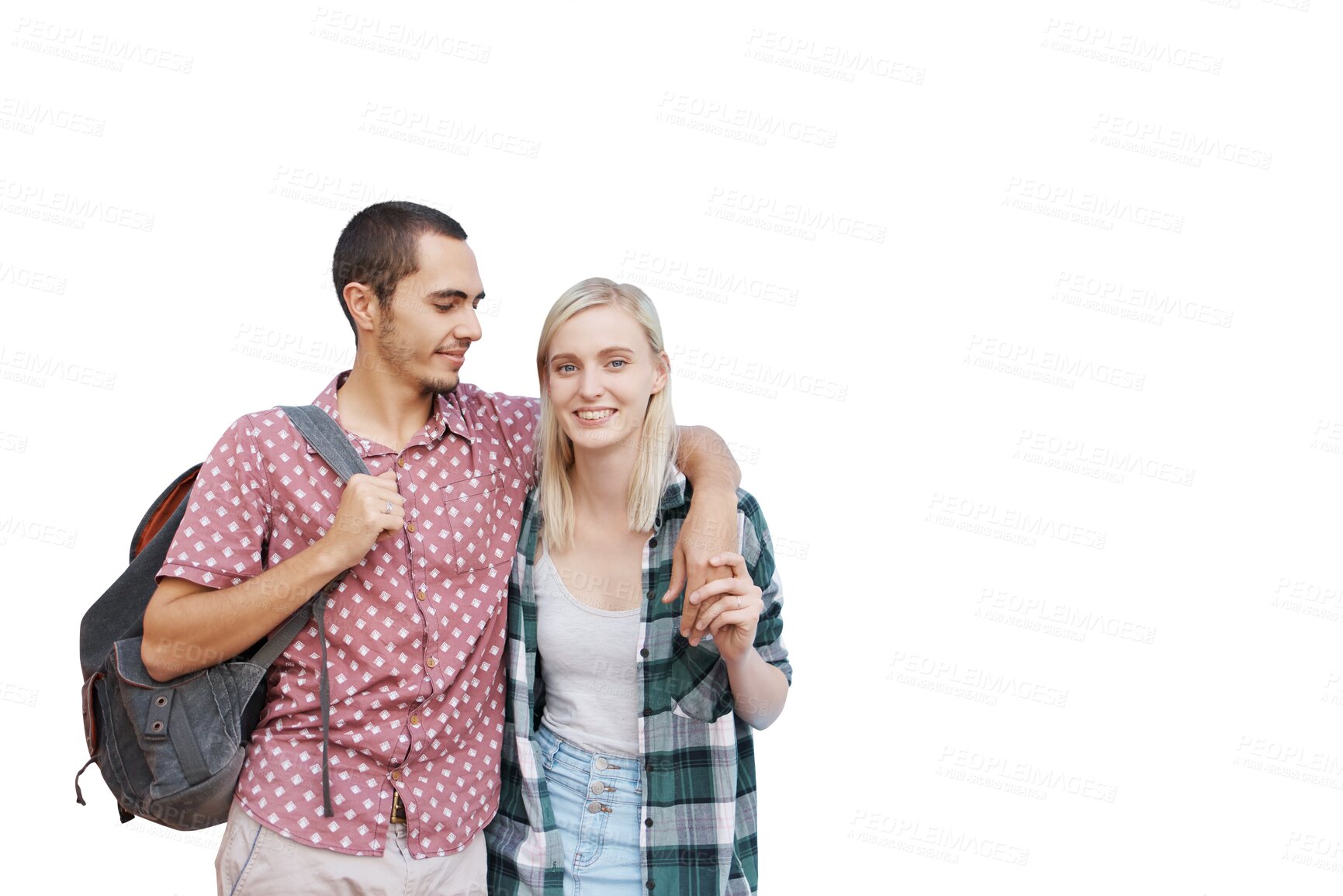 Buy stock photo Man, woman and love portrait hug with smile for relationship, romance and backpack for school. Student, couple and happy for university and isolated on a transparent png background for destination
