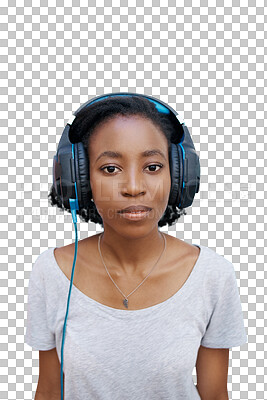 Buy stock photo Woman, portrait and listening to radio with headphones for relax, calm expression or sound with podcast or music. Black girl, person and face for streaming isolated on a png transparent background