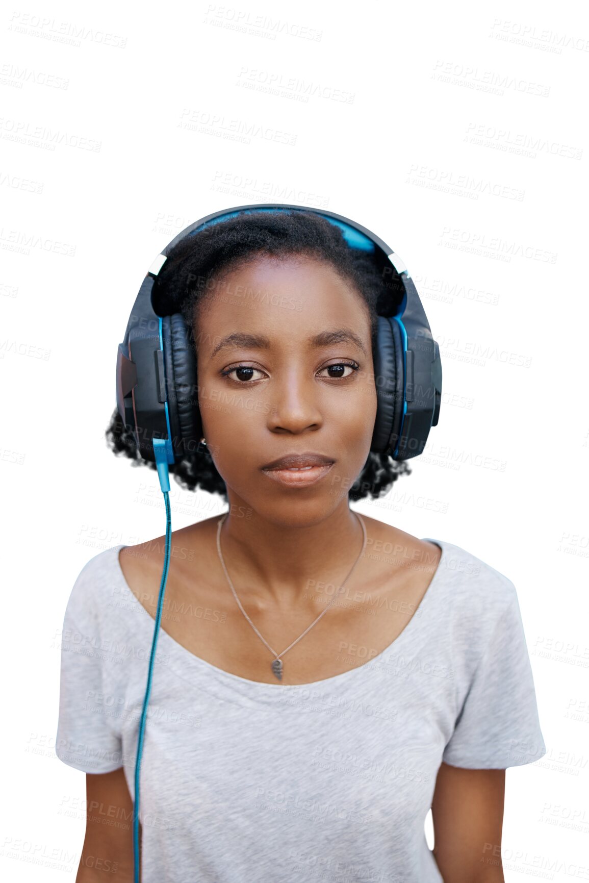 Buy stock photo Woman, portrait and listening to radio with headphones for relax, calm expression or sound with podcast or music. Black girl, person and face for streaming isolated on a png transparent background