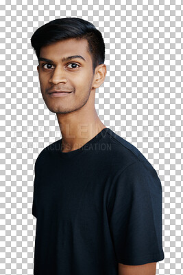 Buy stock photo Casual, portrait, and man with smile for profile picture isolated on transparent png background. Happy, confident and Indian male person with trendy style for yearbook, graduation or school photo