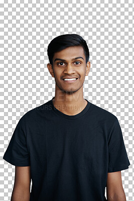 Buy stock photo Happy, portrait and man with smile on transparent png background with confidence or pride. Male college student, fashion and face of Indian person with casual shirt, optimism and positive mindset