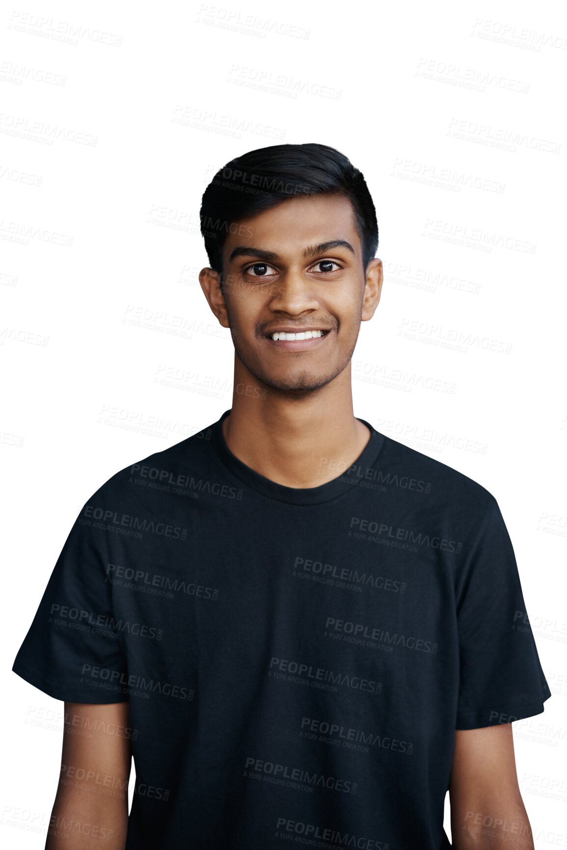 Buy stock photo Happy, portrait and man with smile on transparent png background with confidence or pride. Male college student, fashion and face of Indian person with casual shirt, optimism and positive mindset
