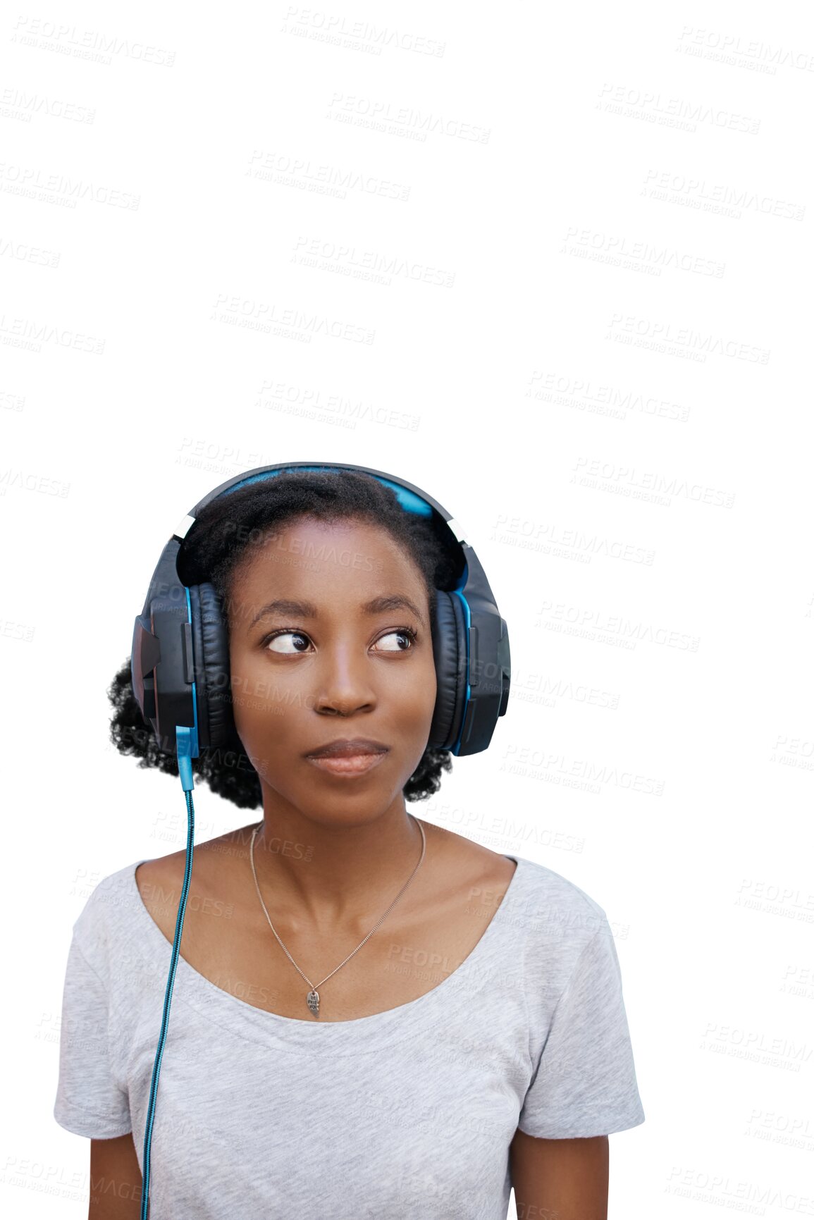 Buy stock photo Woman, thinking and listening to music with headphones for relax, happiness or sound with podcast or radio. Black girl, person and face with smile for streaming isolated on png transparent background