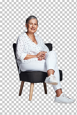 Buy stock photo Portrait, senior woman and sitting in chair for rest and relaxation on holidays or at weekend. Calm retired female person with smile, casual clothes and isolated on transparent png background