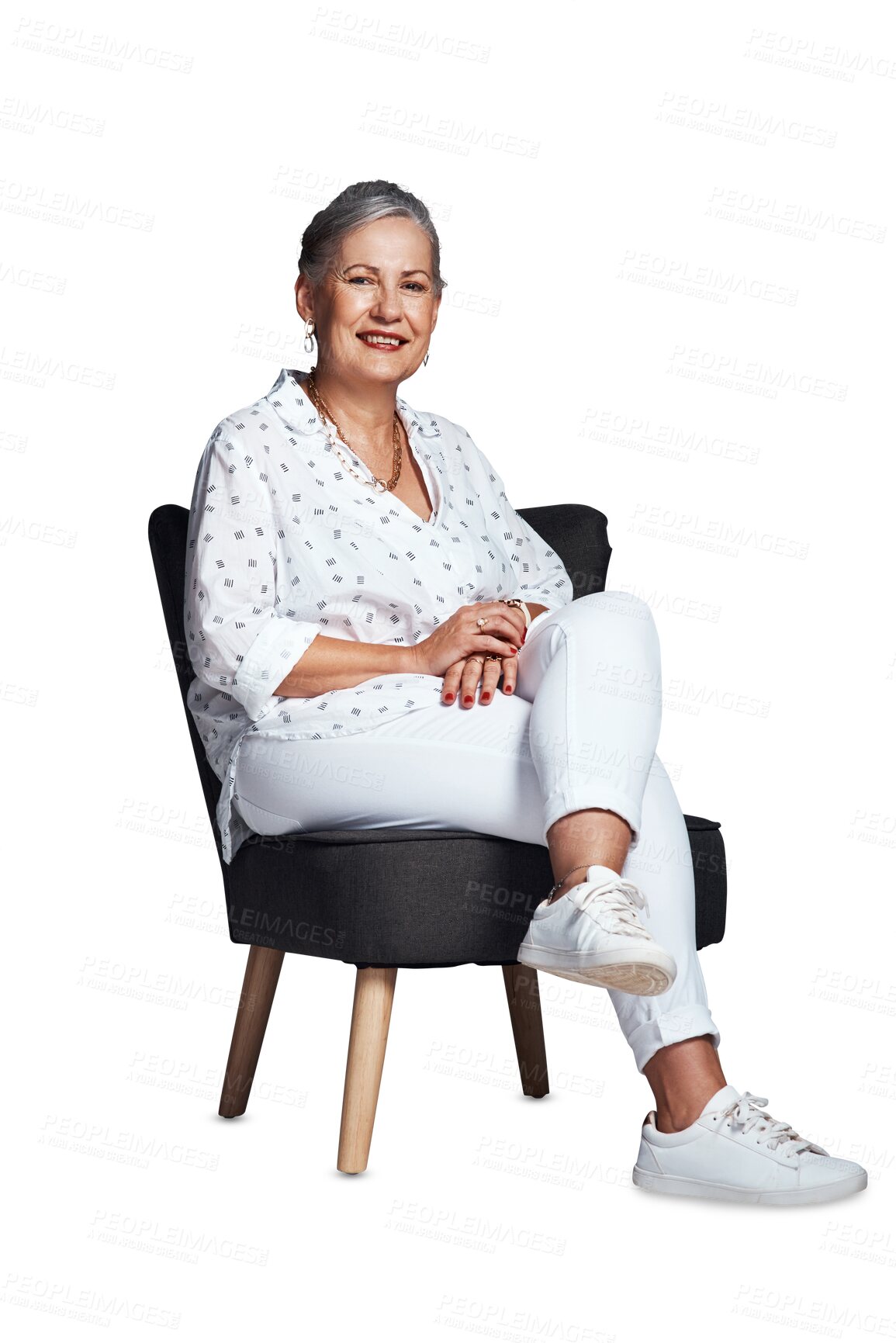 Buy stock photo Portrait, senior woman and sitting in chair for rest and relaxation on holidays or at weekend. Calm retired female person with smile, casual clothes and isolated on transparent png background