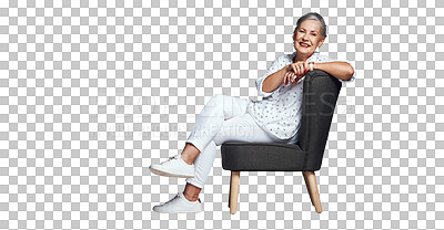 Buy stock photo Mature woman, chair and happy in portrait, relaxing and resting or confidence in retirement. Senior female person, fashion and cool outfit or proud, sitting and isolated on transparent png background