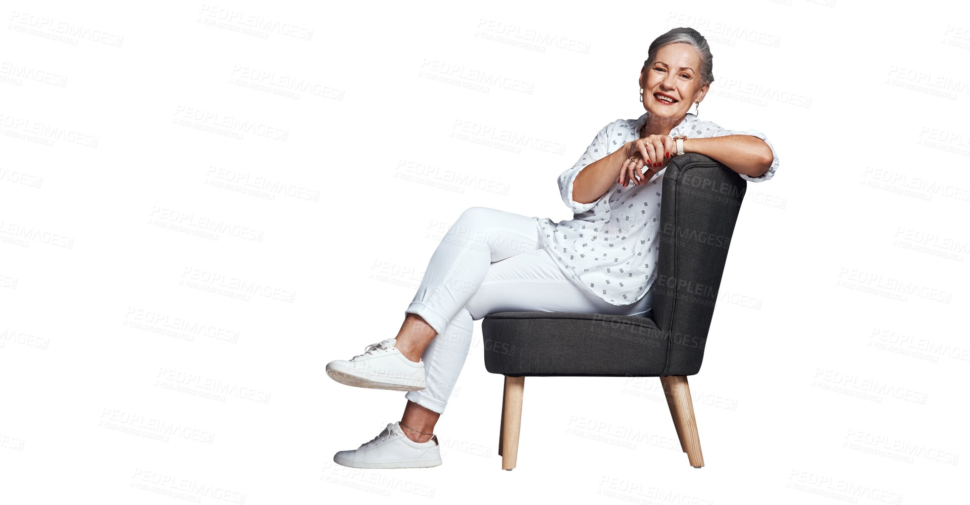 Buy stock photo Mature woman, chair and happy in portrait, relaxing and resting or confidence in retirement. Senior female person, fashion and cool outfit or proud, sitting and isolated on transparent png background