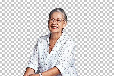 Buy stock photo Portrait, senior woman and laugh with confidence and elegance on isolated transparent png background. Older  cosmetologist, makeup artist or hair stylist with glasses, big smile and red lipstick