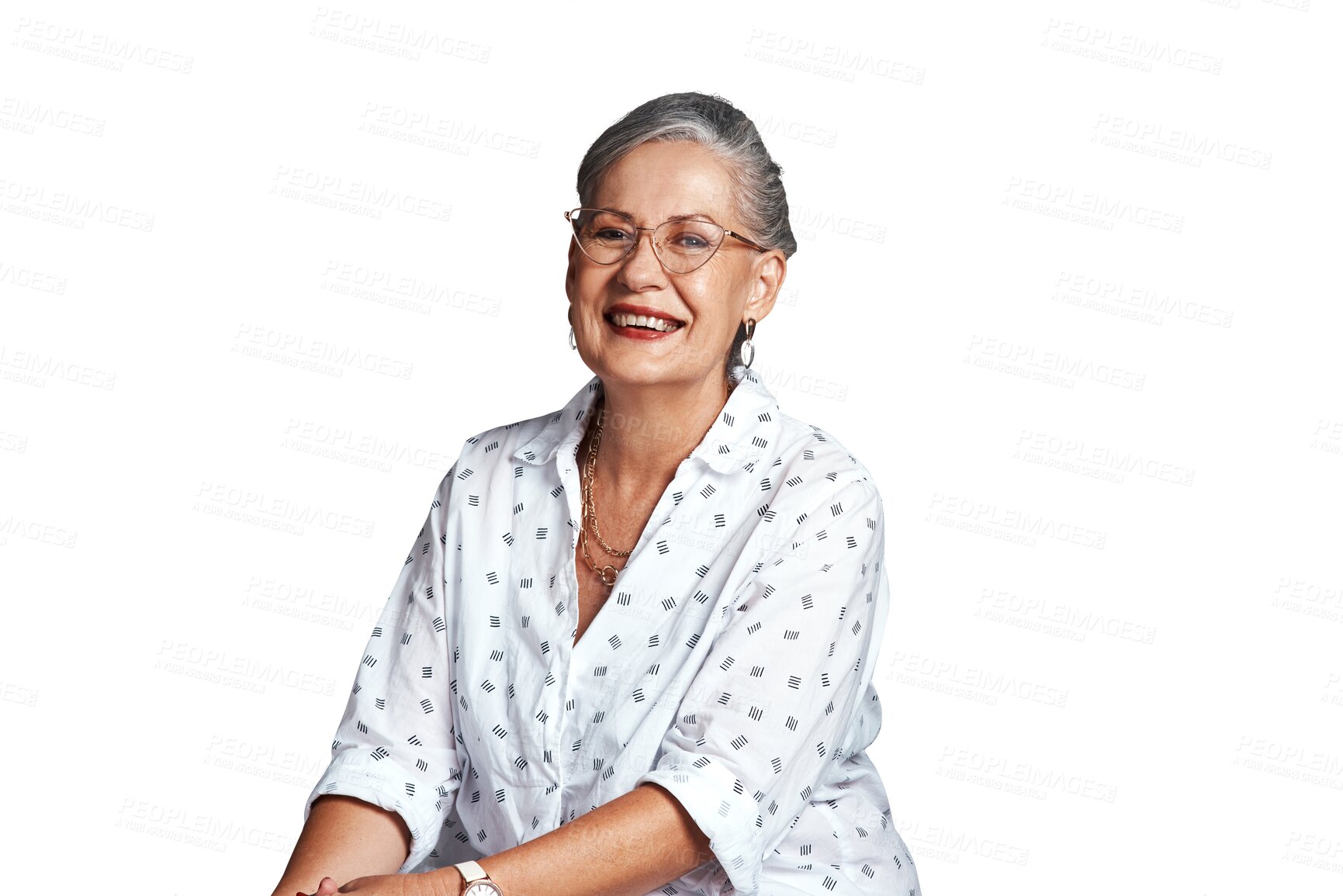 Buy stock photo Portrait, senior woman and laugh with confidence and elegance on isolated transparent png background. Older  cosmetologist, makeup artist or hair stylist with glasses, big smile and red lipstick