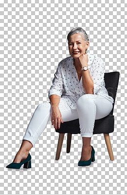 Buy stock photo Mature, happy woman and relax on chair in portrait or psychologist with confidence on transparent, isolated or png background. Calm, person and professional therapist sitting on armchair with advice