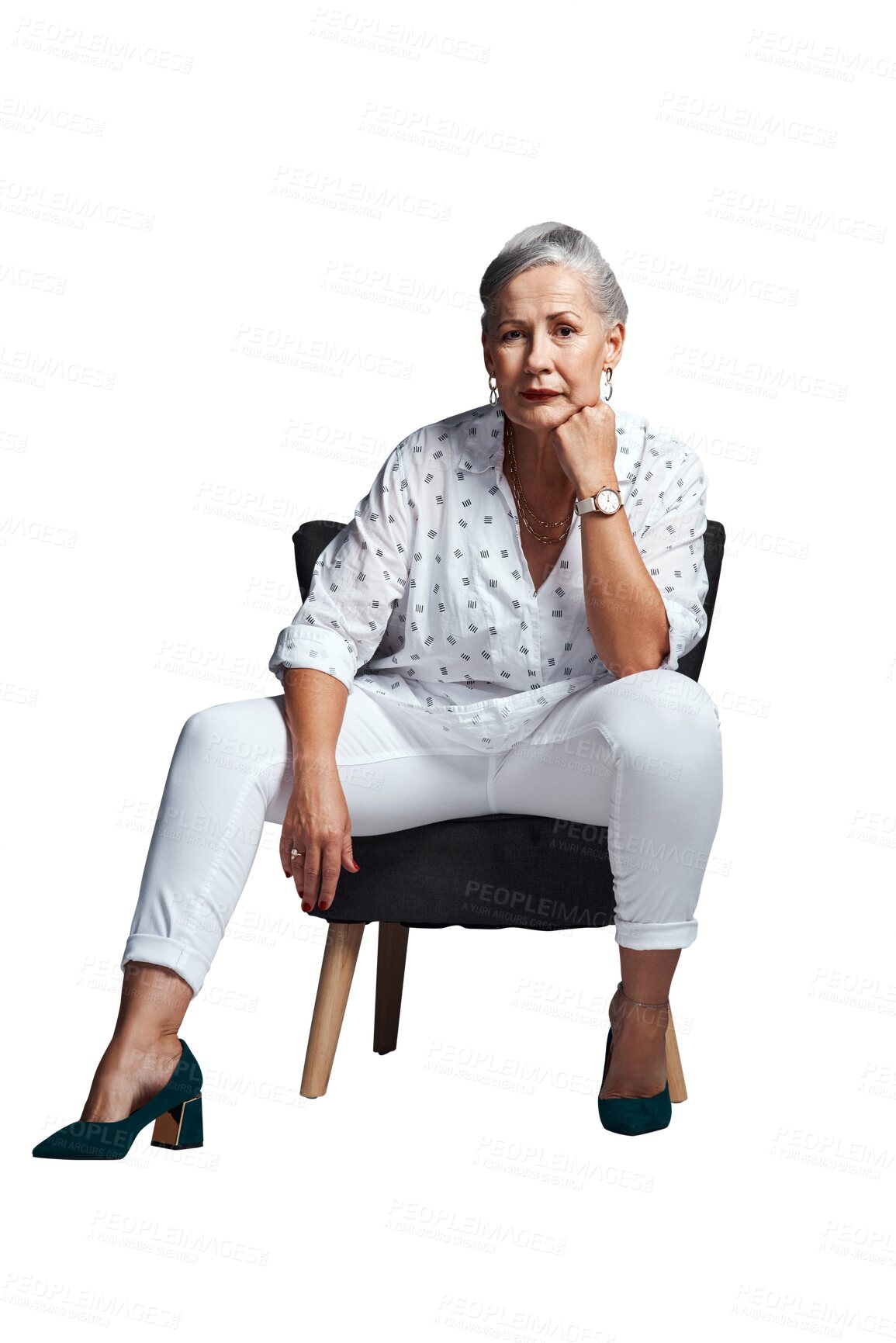 Buy stock photo Mature, woman and relax on chair in portrait or psychologist with confidence on transparent, isolated or png background. Calm, person and professional therapist sitting on armchair with advice