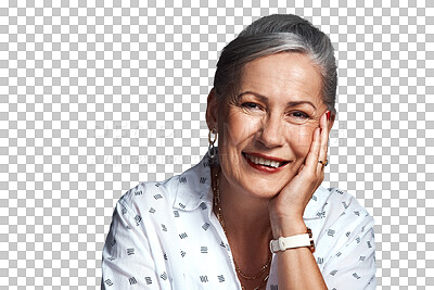 Buy stock photo Senior woman, happy and portrait with fashion or trendy clothes and pride for plans in retirement. Old lady, face and relax with classic style or positive and isolated on transparent png background