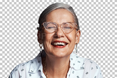 Buy stock photo Old woman, laughter with glasses and happiness in headshot, vision and retirement on png transparent background, Prescription eyewear, cat eye frame and wellness with comedy, pension and health