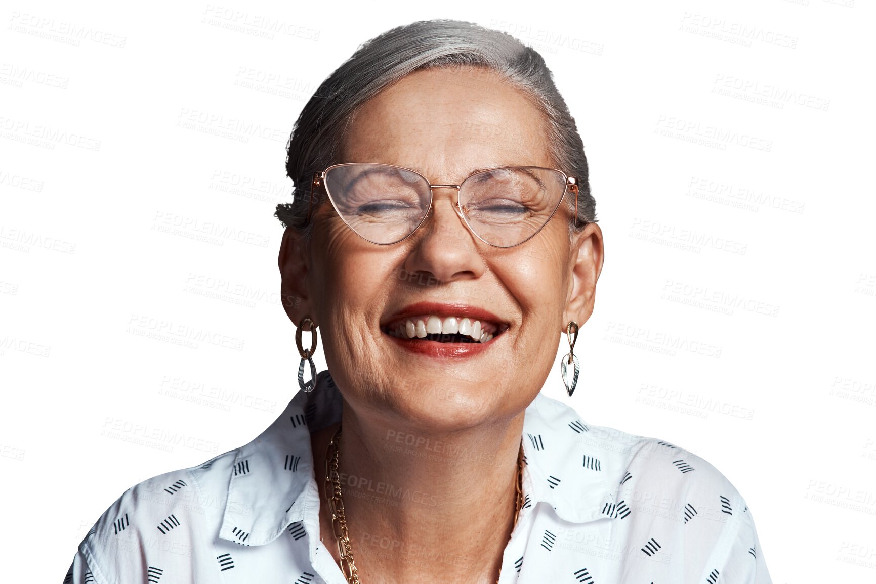 Buy stock photo Old woman, laughter with glasses and happiness in headshot, vision and retirement on png transparent background, Prescription eyewear, cat eye frame and wellness with comedy, pension and health