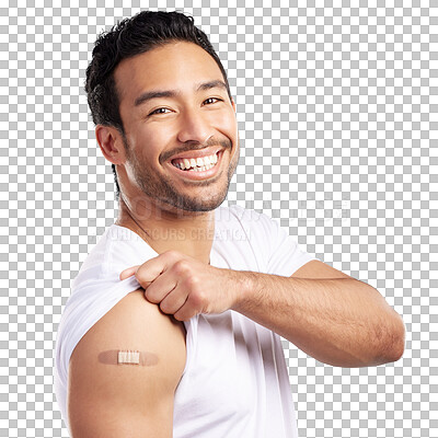 Buy stock photo Portrait, man and smile with plaster for vaccination, immunization and injection site for COVID 19. Male person, laugh and proud of corona virus vaccine on isolated transparent png background
