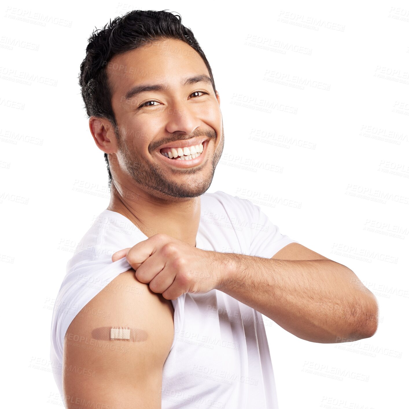 Buy stock photo Portrait, man and smile with plaster for vaccination, immunization and injection site for COVID 19. Male person, laugh and proud of corona virus vaccine on isolated transparent png background