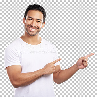 Buy stock photo Smile, portrait and man pointing at presentation, announcement or isolated on a transparent png background. Hand gesture, face and happy Mexican person with info, offer and show choice of decision