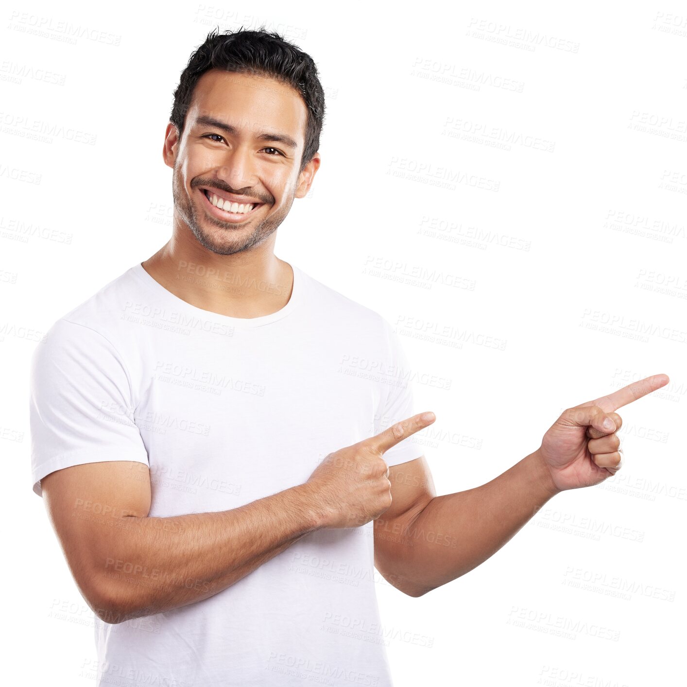 Buy stock photo Smile, portrait and man pointing at presentation, announcement or isolated on a transparent png background. Hand gesture, face and happy Mexican person with info, offer and show choice of decision
