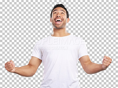 Buy stock photo Isolated man, excited and fist celebration, success and goals with shout by transparent png background. Asian person, model and winner with cheers, clothes and happy for giveaway prize in Indonesia