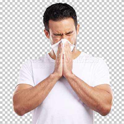 Buy stock photo Man, blowing nose and sneezing for allergies, sick with influenza and tissue isolated on png transparent background. Hayfever, sinus or virus with toilet paper for cold, flu and mucus with burnout