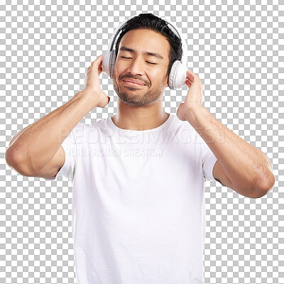Buy stock photo Isolated man, headphones and happy for music, streaming subscription and transparent png background. Person, Asian guy and listen with audio tech for sound, radio or smile for song choice in Jakarta