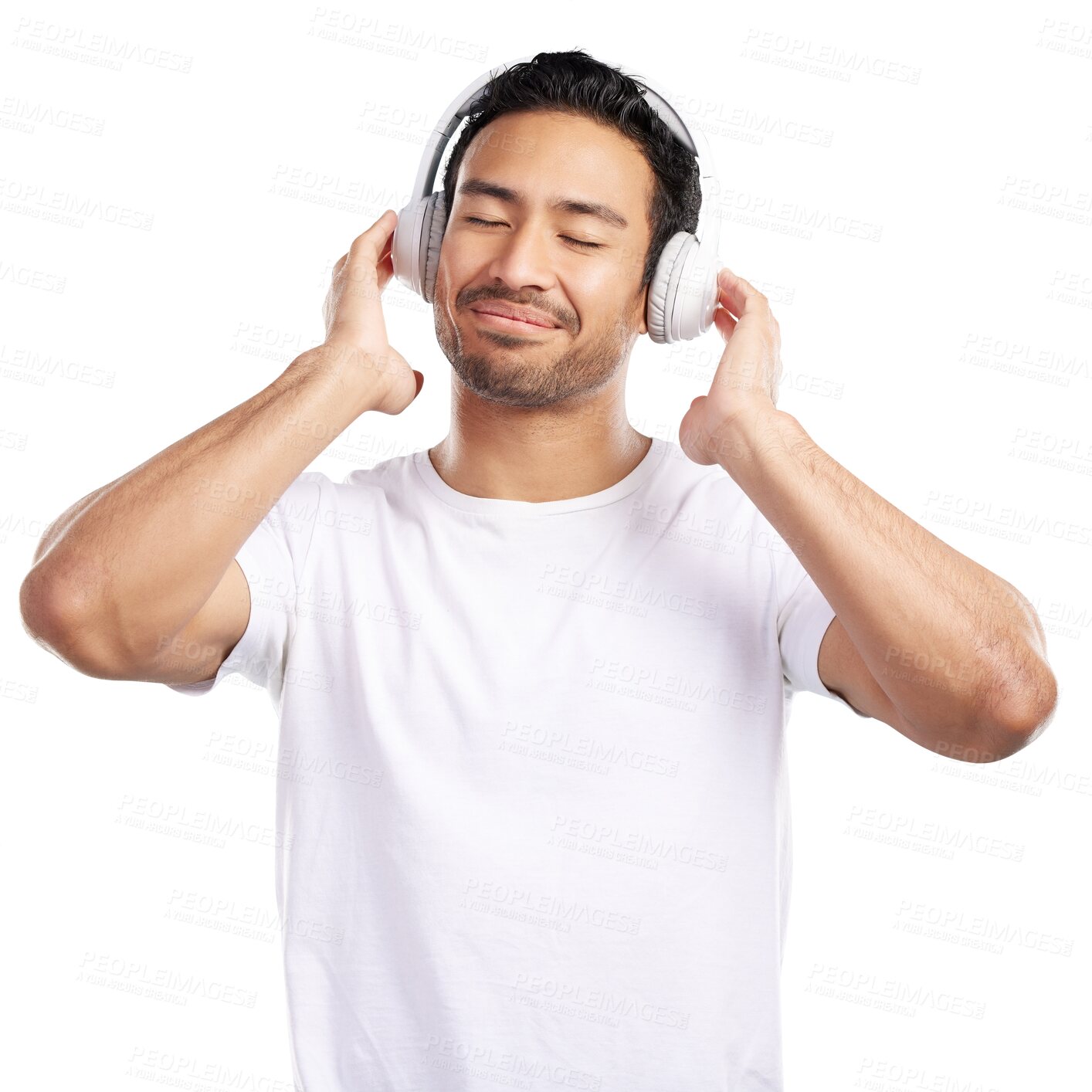 Buy stock photo Isolated man, headphones and happy for music, streaming subscription and transparent png background. Person, Asian guy and listen with audio tech for sound, radio or smile for song choice in Jakarta