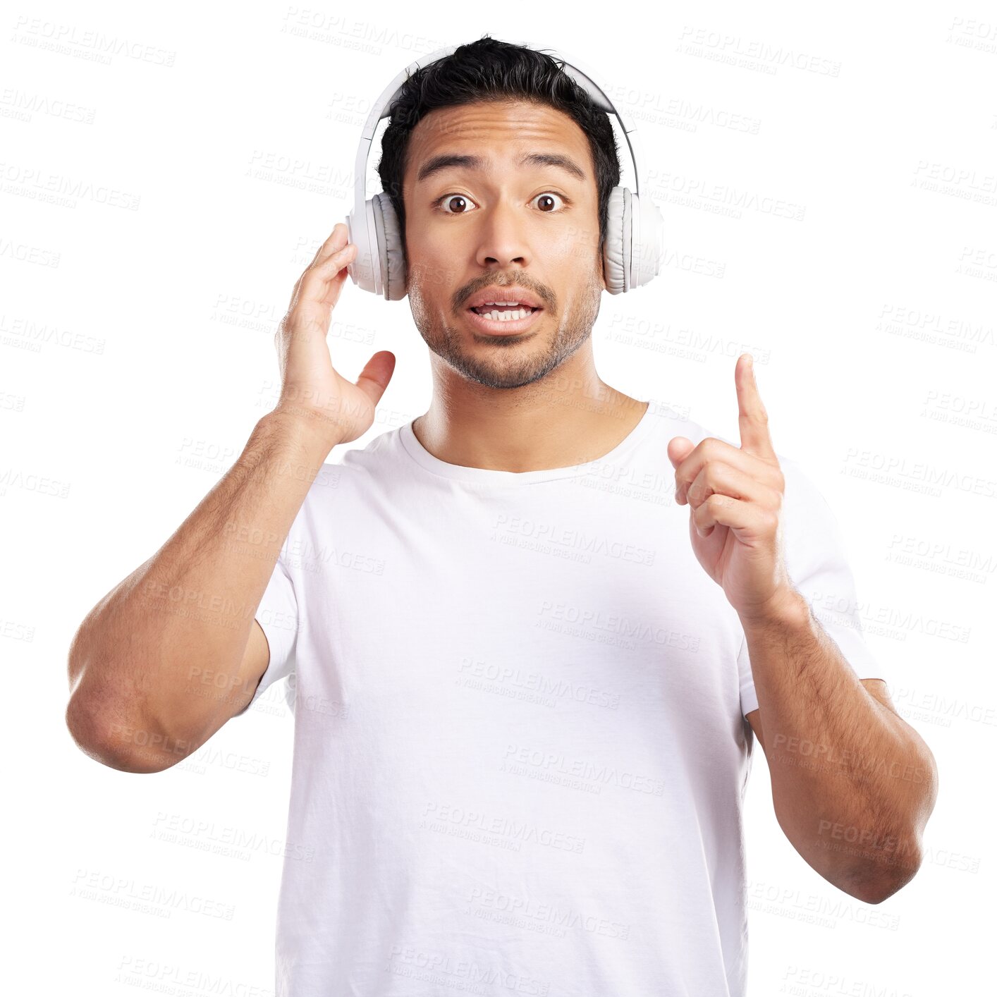 Buy stock photo Isolated man, headphones and point in portrait for sign, streaming subscription or transparent png background. Asian person, music and hearing on audio tech for song, listening or sound in Indonesia