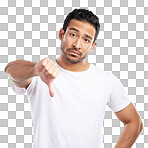Handsome young mixed race man giving thumbs down while standing in studio isolated against a blue background. Hispanic male showing disapproval or rejection. Feeling unimpressed, bad or negative