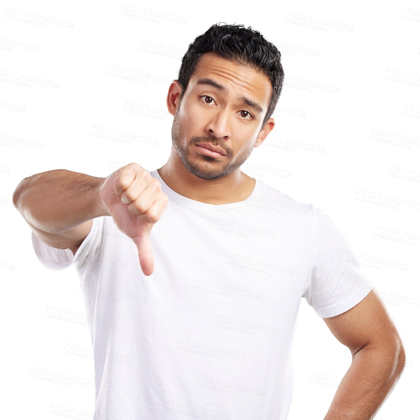 Buy stock photo Isolated man, thumbs down and portrait with sign for choice, feedback and no symbol by transparent png background. Asian person, disapproval and hand with decision, bad review and vote in Indonesia