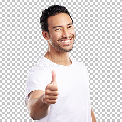 Buy stock photo Isolated man, thumbs up and smile in portrait for choice, feedback and yes symbol by transparent png background. Asian person, agreement and hand sign with decision, review and happy in Indonesia