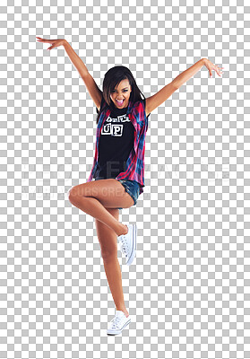 Buy stock photo Young woman, dancing and energy with fashion, excited with music and hip hop isolated on png transparent background. Streetwear, arms and leg up with dancer, fun and happy for creativity and style