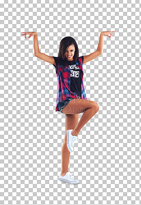 Buy stock photo Young woman, dance and energy with fashion, excited with music and hip hop isolated on png transparent background. Streetwear, arms and leg up with performance, fun and happy for creativity and style