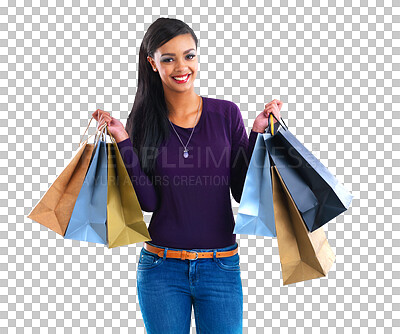 Buy stock photo Fashion, isolated or portrait of happy woman with shopping bags for retail sale, offer or discount deal. Proud, smile or customer with gift, package or product on promo on transparent png background