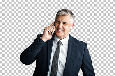Buy stock photo CEO, senior executive and man in business with phone call for deal negotiation isolated on png transparent background. Communication, corporate contact and chat on mobile for company with smile