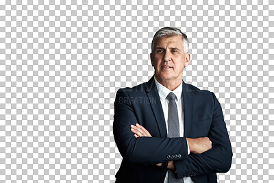 Buy stock photo Thinking, senior and business man with crossed arms on isolated, PNG and transparent background. Professional, corporate manager and mature person with confidence, brainstorming and ideas for career