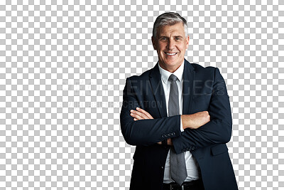Buy stock photo Mature, businessman and confident in portrait in corporate fashion and arms crossed in formal suit. Senior manager, happy face or pride in professional style or isolated on transparent png background