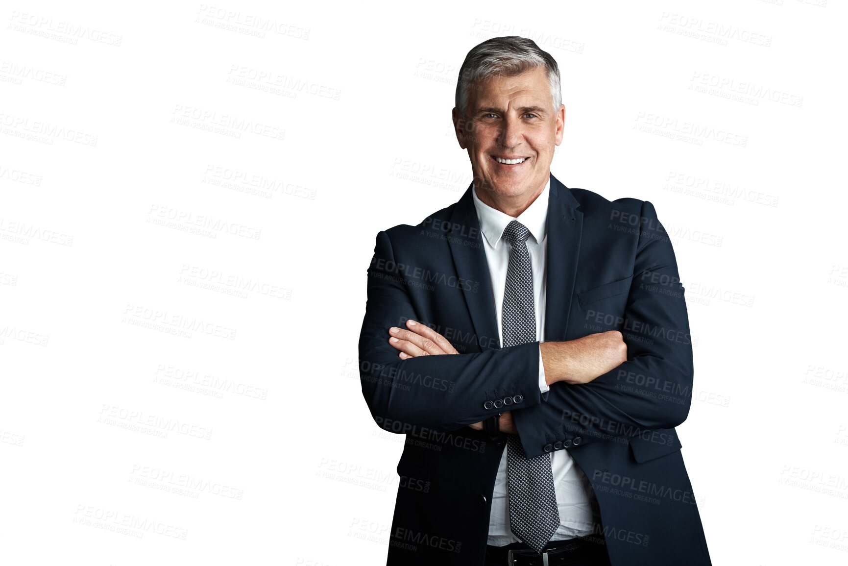Buy stock photo Mature, businessman and confident in portrait in corporate fashion and arms crossed in formal suit. Senior manager, happy face or pride in professional style or isolated on transparent png background