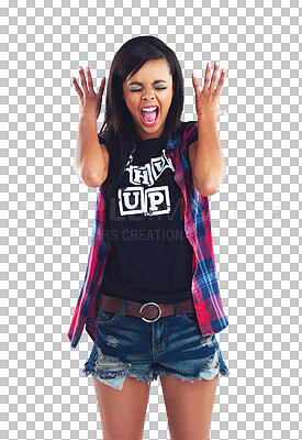 Buy stock photo Woman, shouting and excited at concert with fashion, happiness and voice for cheers isolated on png transparent background. Scream, loud and music for entertainment with streetwear style and gen z 