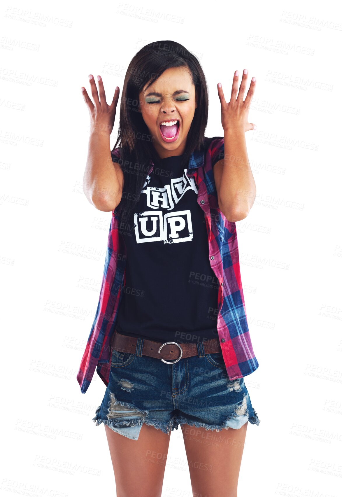 Buy stock photo Woman, shouting and excited at concert with fashion, happiness and voice for cheers isolated on png transparent background. Scream, loud and music for entertainment with streetwear style and gen z 
