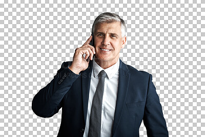 Buy stock photo Senior, man and business with phone call and portrait, deal negotiation and CEO isolated on png transparent background. Communication, corporate contact and chat on mobile for company with smile