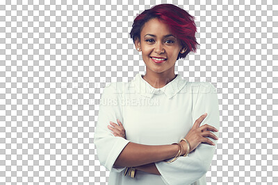 Buy stock photo Creative, business and portrait of woman with confidence, smile and isolated on transparent png background. Entrepreneur, designer or young professional with arms crossed, pride or happy face of girl
