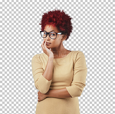 Buy stock photo Fashion, attitude and portrait of woman with glasses on isolated, png and transparent background. Attractive, confident and face of person in stylish outfit, trendy accessories and casual clothes