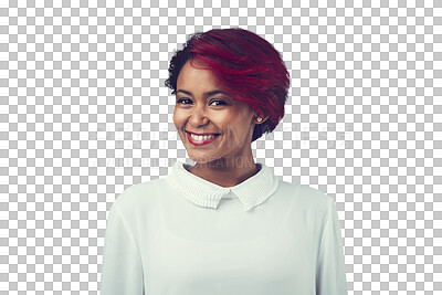 Buy stock photo Professional, business and portrait of woman with confidence, smile and isolated on transparent png background. Entrepreneur, designer or young creative with ambition, pride or happy face of girl